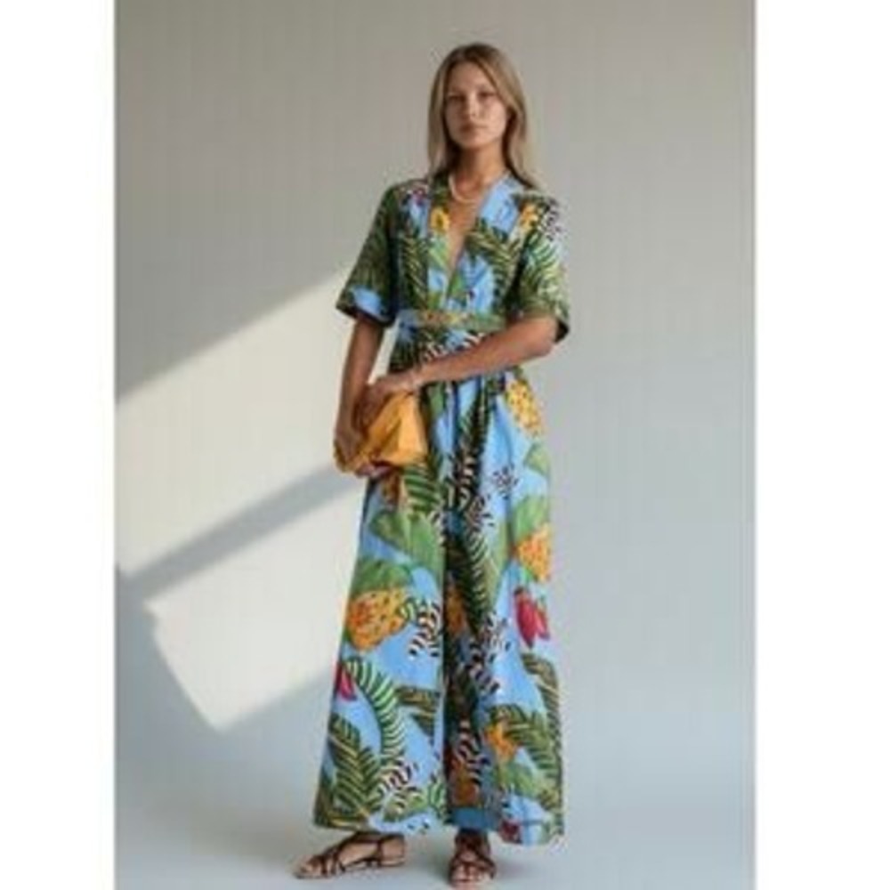 Farm Rio Striped Bananas Blue Jumpsuit Striped Banana Blue - Size XS - NWT